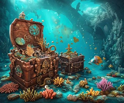 An Underwater Fantasy Scene With Coral Fish Treasu