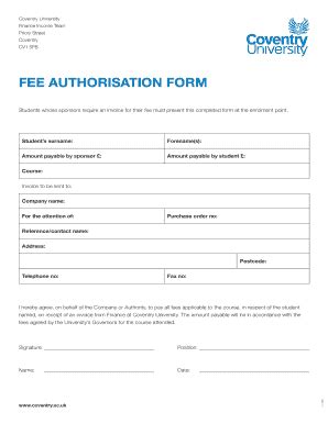 Fillable Online Fee Authorisation Form Coventry University Fax Email