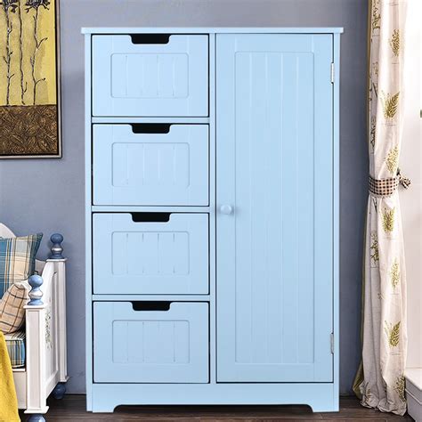 iKayaa Modern Floor Cabinet with Door & Drawers Bedroom Storage Organizer Furniture, Blue ...