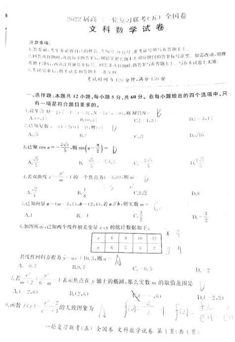 2022届全国卷百师联盟高三文科数学一轮复习联考试题（下载版）高考网