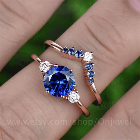 Vintage Unique Blue Sapphire Engagement Ring Set K Rose Gold Etsy