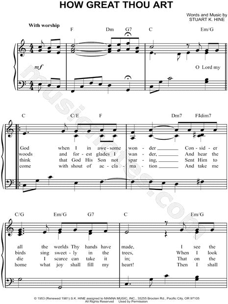 Stuart K Hine How Great Thou Art Sheet Music Easy Piano In C Major Transposable