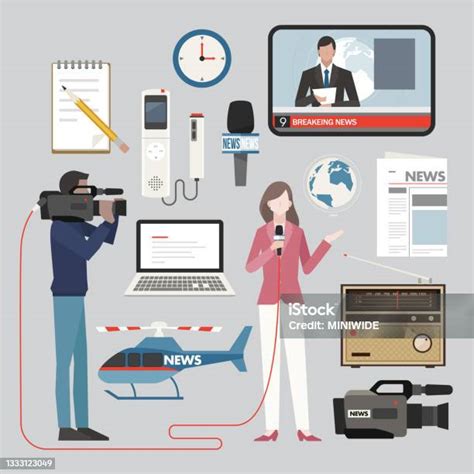 Characters And Broadcasting Equipment That Deliver News Stock