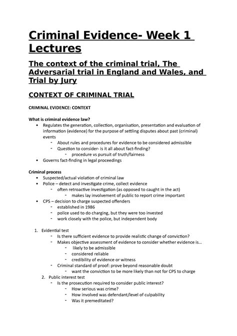 Ce Week 1 Lecture Notes Criminal Evidence Week 1 Lectures The