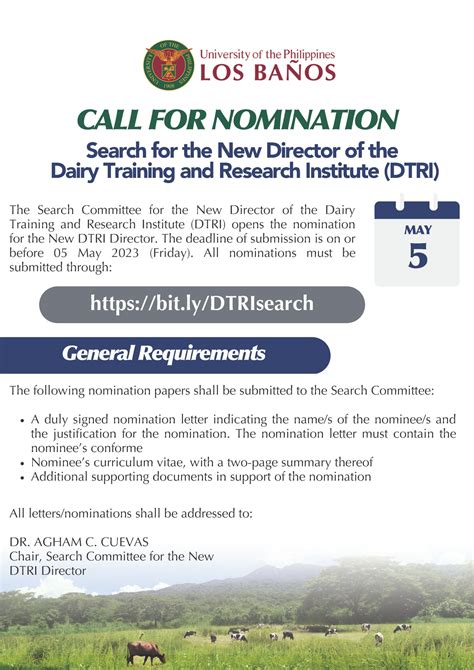 CALL FOR NOMINATION Search For The New Director Of The Dairy Training