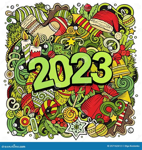 2023 Doodles Illustration New Year Objects And Elements Poster Stock