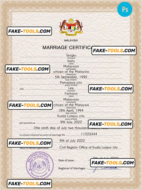 Malaysia Marriage Certificate Psd Template Completely Editable Fake