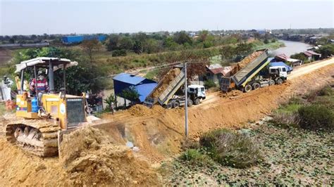 Awesome Mighty Bulldozer Komatsu Pushing Soil Build New Road Village