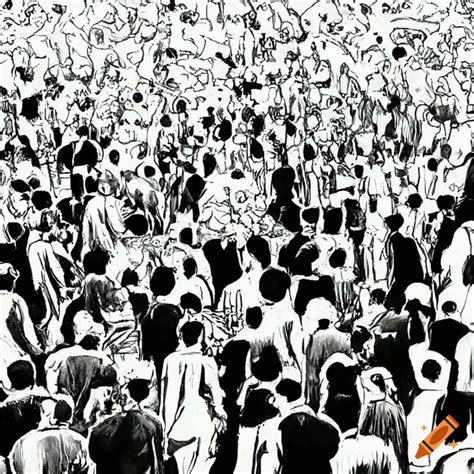 Black And White Ink Drawing Of A Crowd