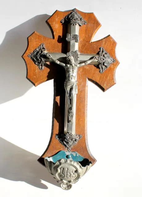 Ancien Benitier Crucifix Jesus Christ Crucifi Croix Deglise Xxe En