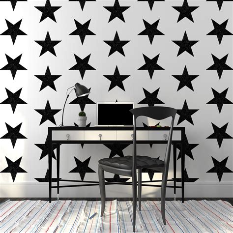 Black and White Stars Wallpaper, Geometric Self Adhesive Wall Mural ...