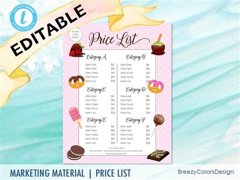 Bakery Menu Template Editable Treat Pricing Sheet Instant Etsy