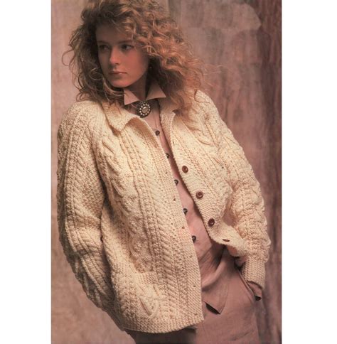 Ladies Aran Cardigan Knitting Pattern Pdf 34 44 Raglan Sleeves And Pockets English Pattern 1410