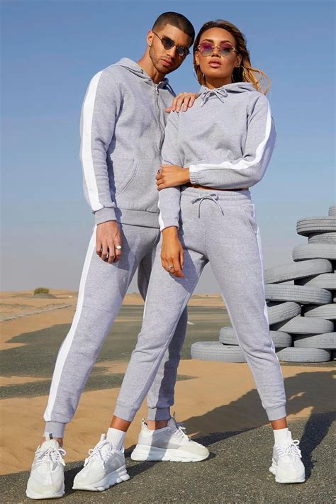 Her Contrast Panelled Crop Hooded Tracksuit Matching Couple Outfits