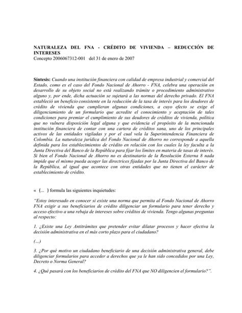 NATURALEZA DEL FNA CRÉDITO DE VIVIENDA REDUCCIÓN