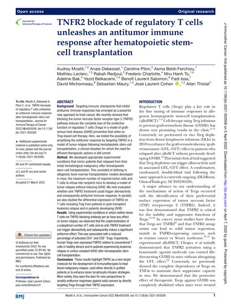 Pdf Tnfr Blockade Of Regulatory T Cells Unleashes An Antitumor