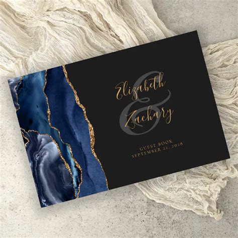 Modern Navy Blue Agate Gold Script Dark Guest Book Zazzle