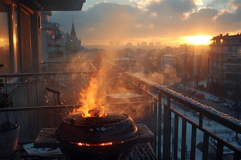Illustration Of Juicy Meat Sizzles On A Hot Grill On Balcony Filling The Air With Savory Smoke