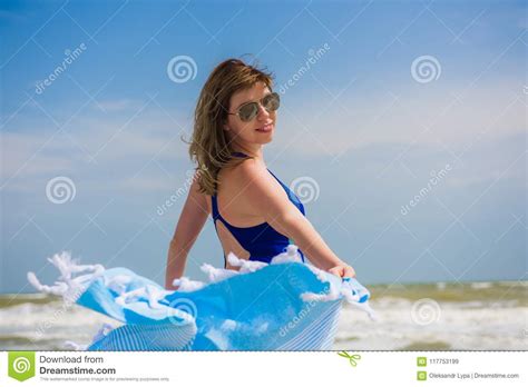 Woman At Beach With Blue Pareo Stock Image Image Of Outdoors