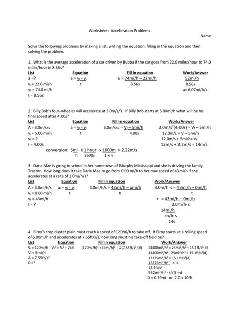 Acceleration Word Problems With Answers Acceleration Practic