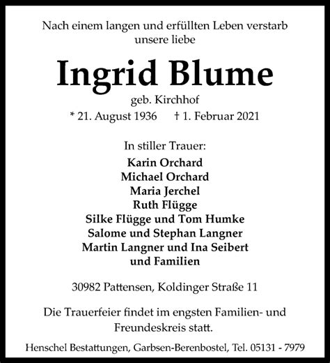 Traueranzeigen Von Ingrid Blume Trauer Anzeigen De