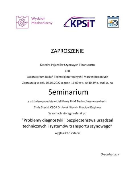 Zaproszenie Na Seminarium Katedra Pojazd W Szynowych I Transportu