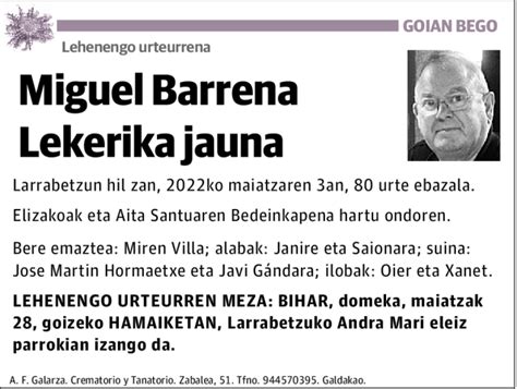 Miguel Barrena Lekerika Esquela Necrol Gica El Correo