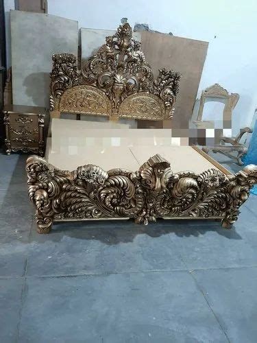 Teak Wood Nrw Golden King Size Wooden Hand Royal Carved Bed With