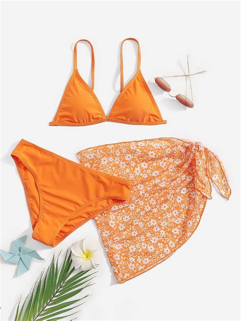 Chicas adolescentes piezas Bañador bikini triángulo con estampado floral Falda de playa