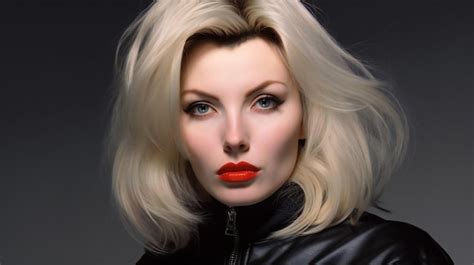 Premium AI Image Portrait Of A Beautiful Blonde Woman In A Leather Jacket On A Gray Background