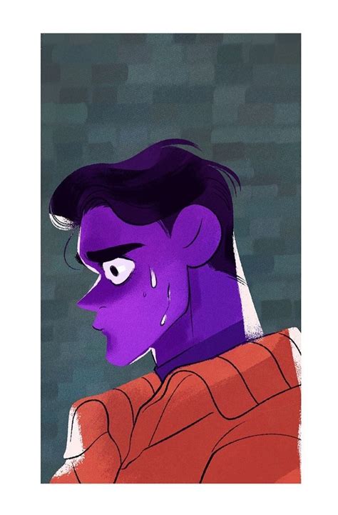 An Animated Image Of A Man With Purple Hair And Eyes Wearing A Red Shirt