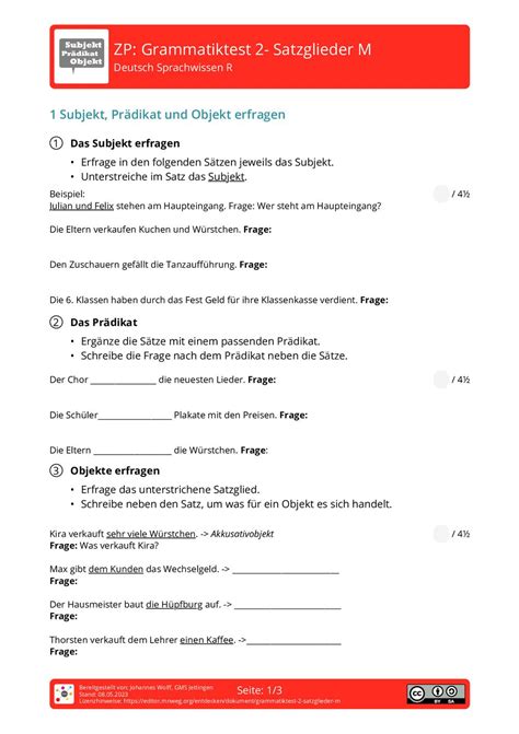 Arbeitsblatt Grammatiktest 2 Satzglieder M Deutsch Sprachwissen