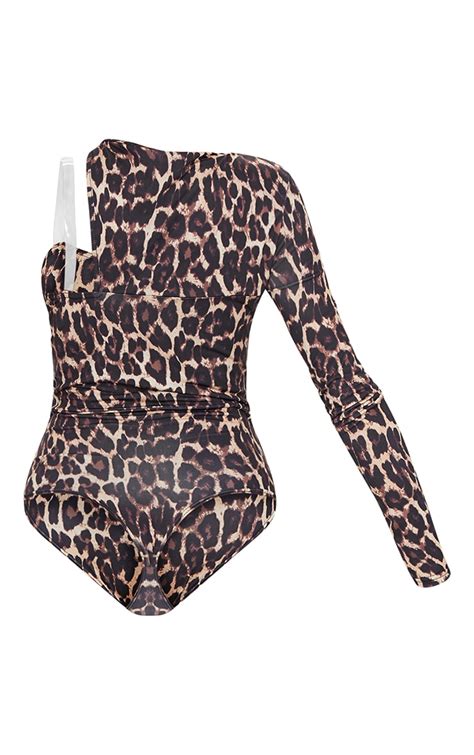 Tan Slinky Leopard Print One Shoulder Bodysuit Prettylittlething Aus