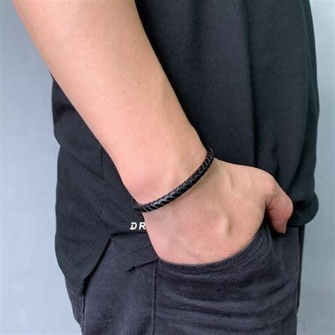 Bracelet Noir En Cuir Tress Pour Homme Zb