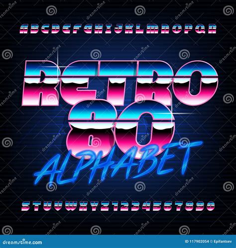 80 S Retro Alphabet Font Metallic Effect Oblique Letters And Numbers