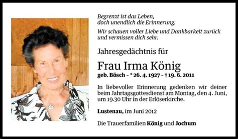 Todesanzeigen von Irma König Todesanzeigen Vorarlberger Nachrichten