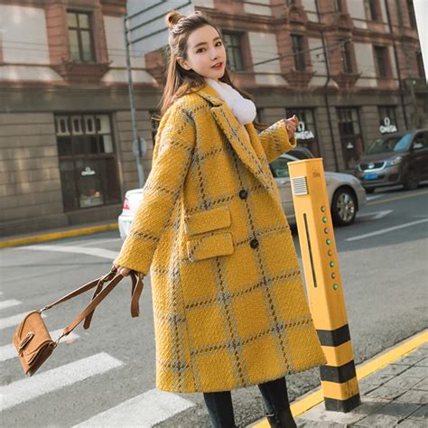 New Double Breasted 2017 Plaid Wool Coat For Women Yellow Jacket Spring Loose Plus Size Coats