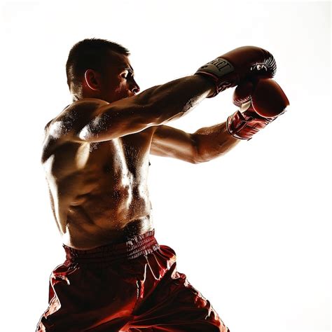 Muscular Boxer Throwing a Punch with Red Boxing Gloves Against a White ...