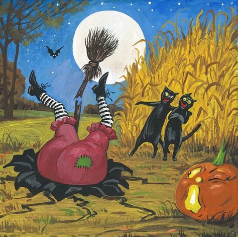 Aceo Print Of Painting Ryta Halloween Vintage Style Black Cat Witch Bat