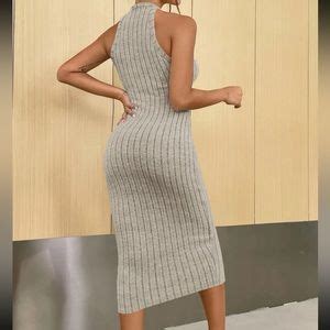 Dresses Minimalist Halter Ribbed Knot Bodycon Midi Dress Hot Pink