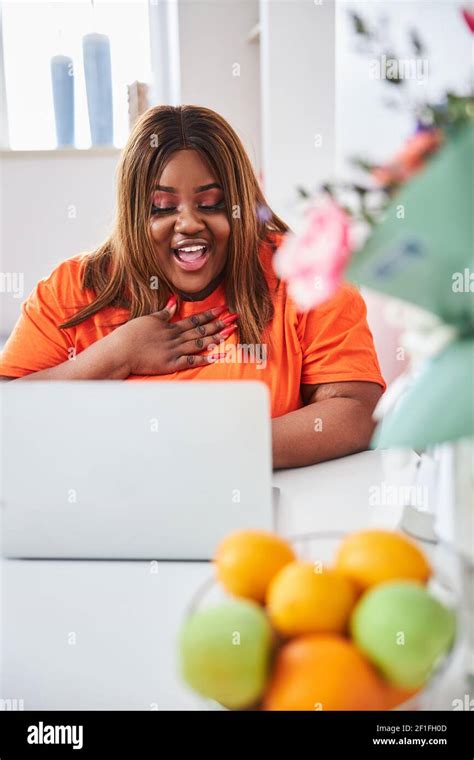 Smiley Brunette Lady Gesturing To The Laptop Web Camera Stock Photo Alamy