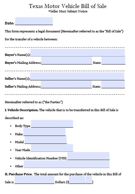 Texas Dmv Bill Of Sale Forms Motor Vehicles