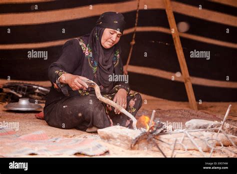 Bedouin Woman Baking Bread Wadi Rum Jordan Middle East Stock Photo