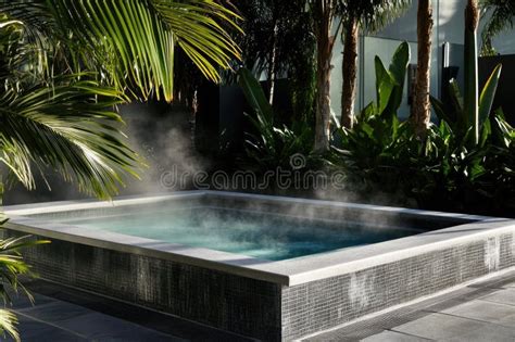 Luxurious Outdoor Hot Tub With Steam Surrounded By Tropical Plants Stock Photo Image Of