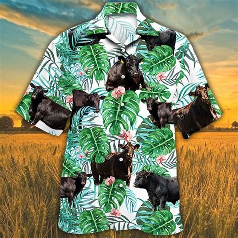 Men Black Angus Cattle Lovers Tropical Plant Hawaiian Shirt 3 Black