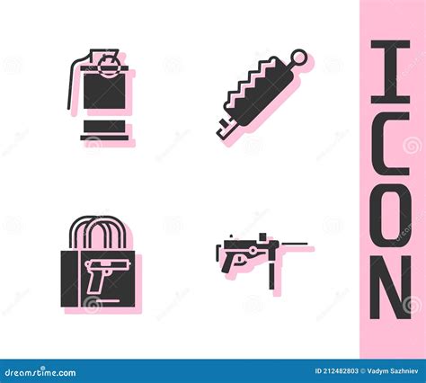 Set Submachine Gun M3 Hand Smoke Grenade Buying Pistol And Trap Hunting Icon Vector Stock