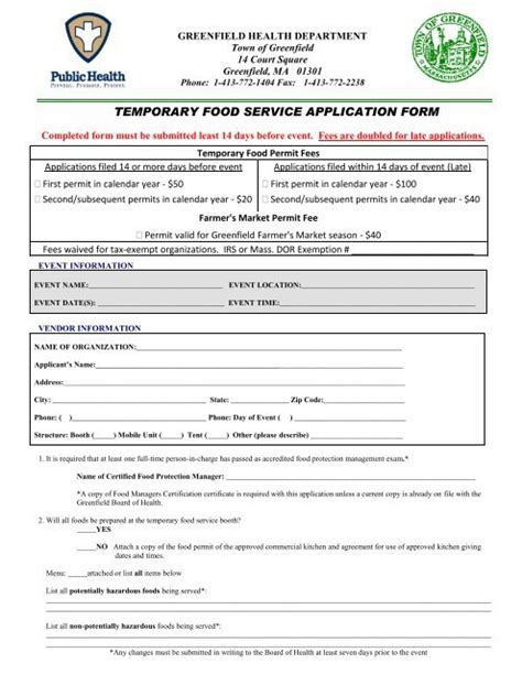 Temporary Food Service Application Form Town Of Greenfield