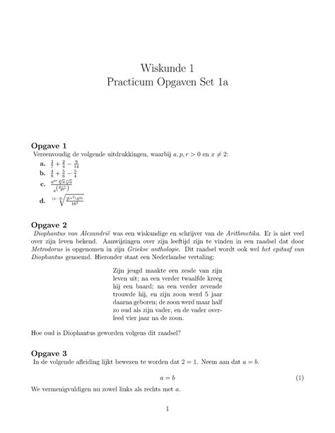 Verplichte Opgaven Wiskunde Opgave Set 1a Wiskunde 1 Practicum