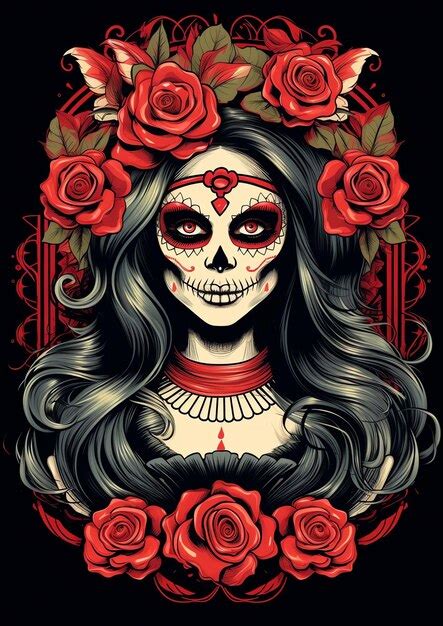 Premium AI Image Mexicana Skull Lady With Long Hair Mexican Dia De