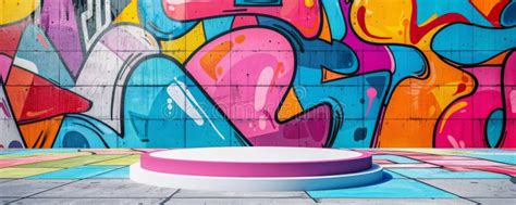 Colorful Pop Art Podium With Vibrant Street Art Mural Background Stock